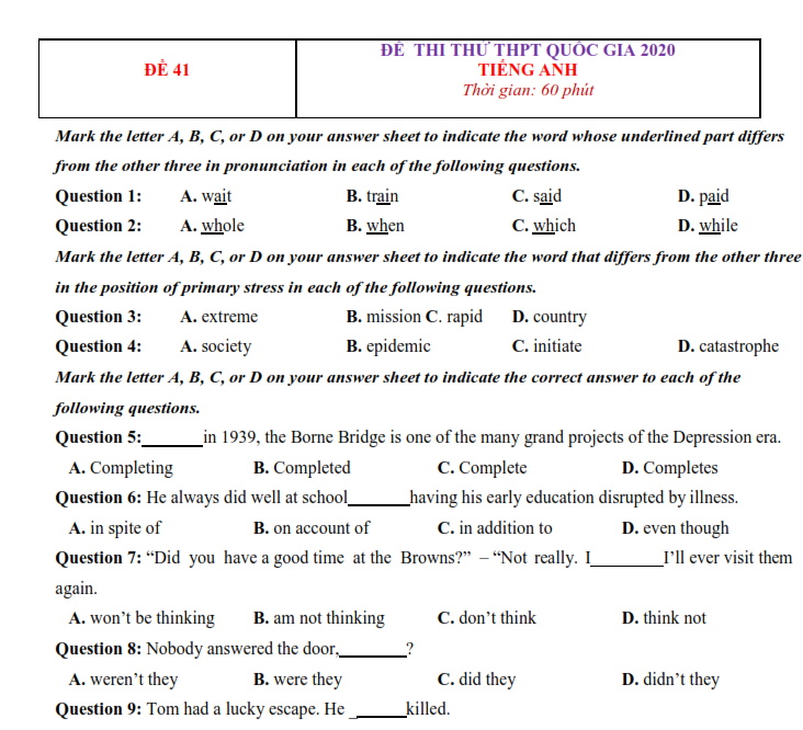 Đề ôn thi THPT quốc gia môn tiếng anh năm 2020