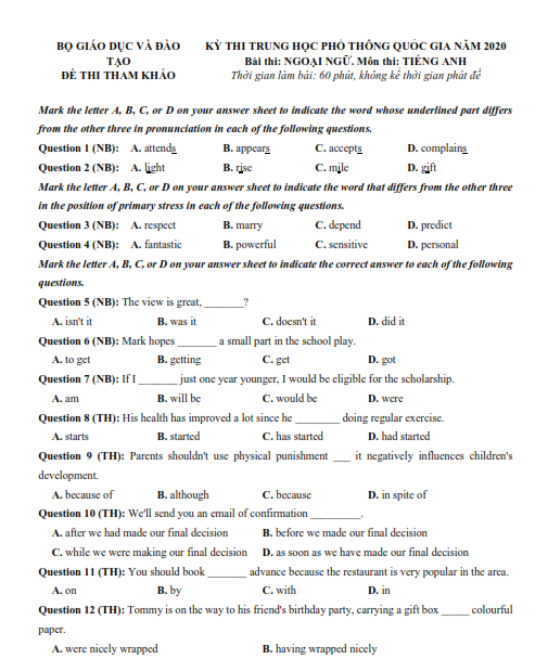 Đề thi minh họa môn tiếng anh THPT năm 2020