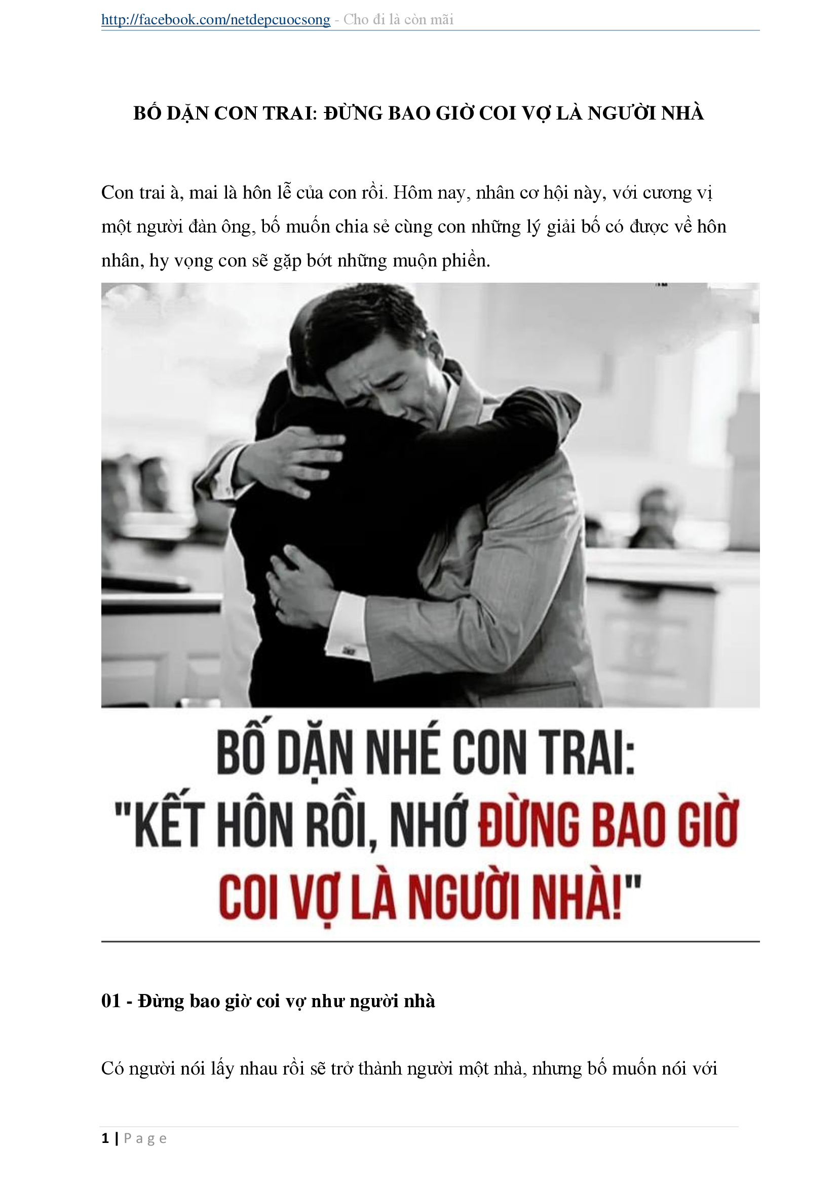 Lời bố dặn con trai: "Đừng bao giờ coi vợ là người nhà" 