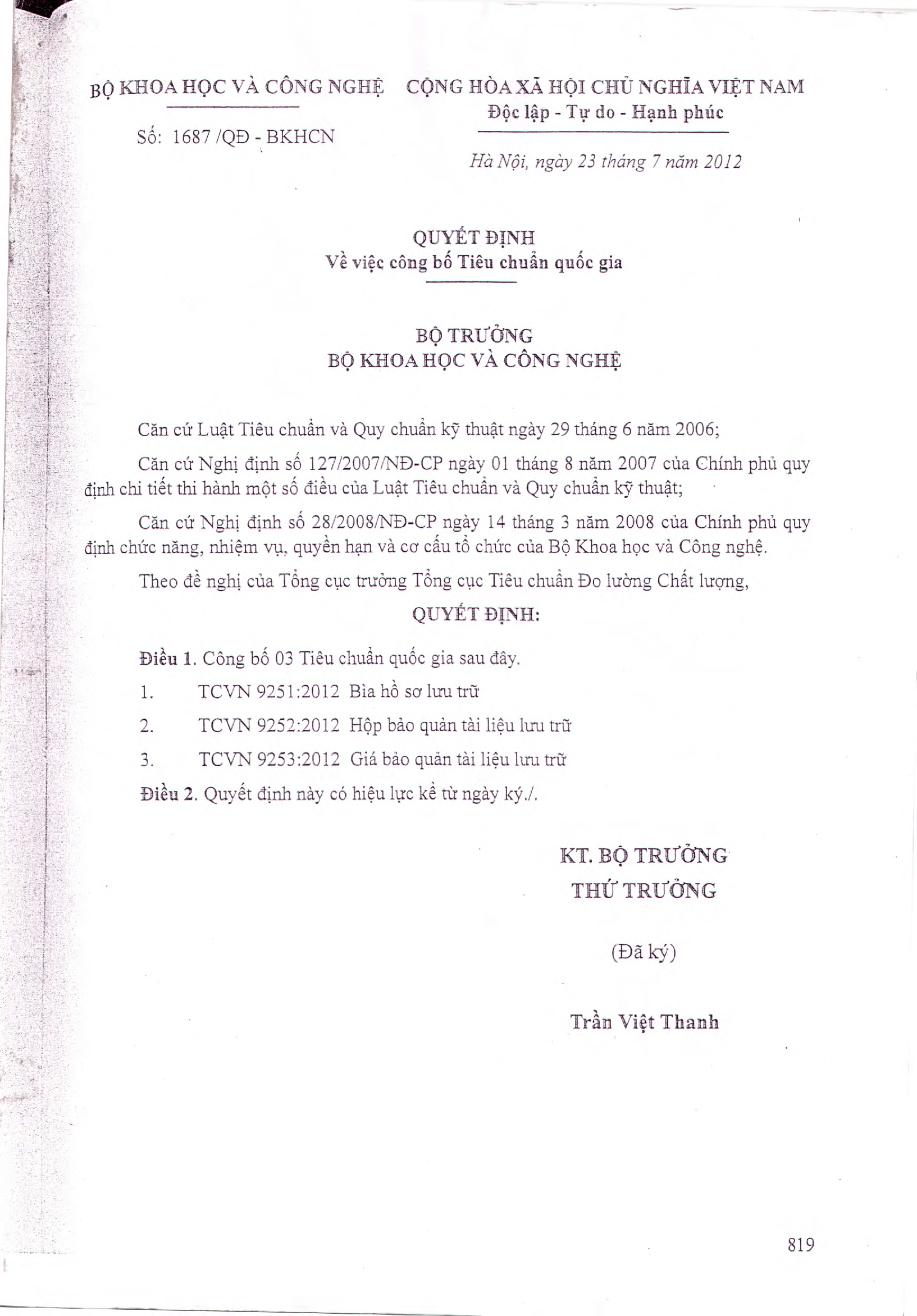  Quyết định 1687 của Bộ Khoa học và Công nghệ về việc Công bố tiêu chuẩn quốc gia