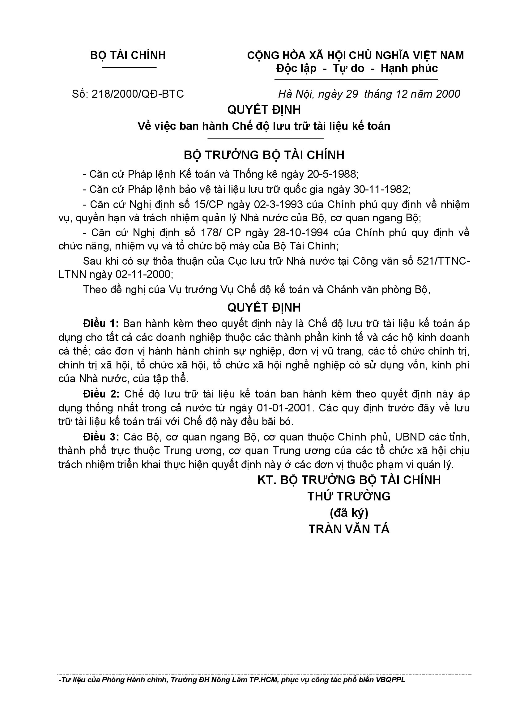 Quyết định số 218/2000/QĐ-BTC
